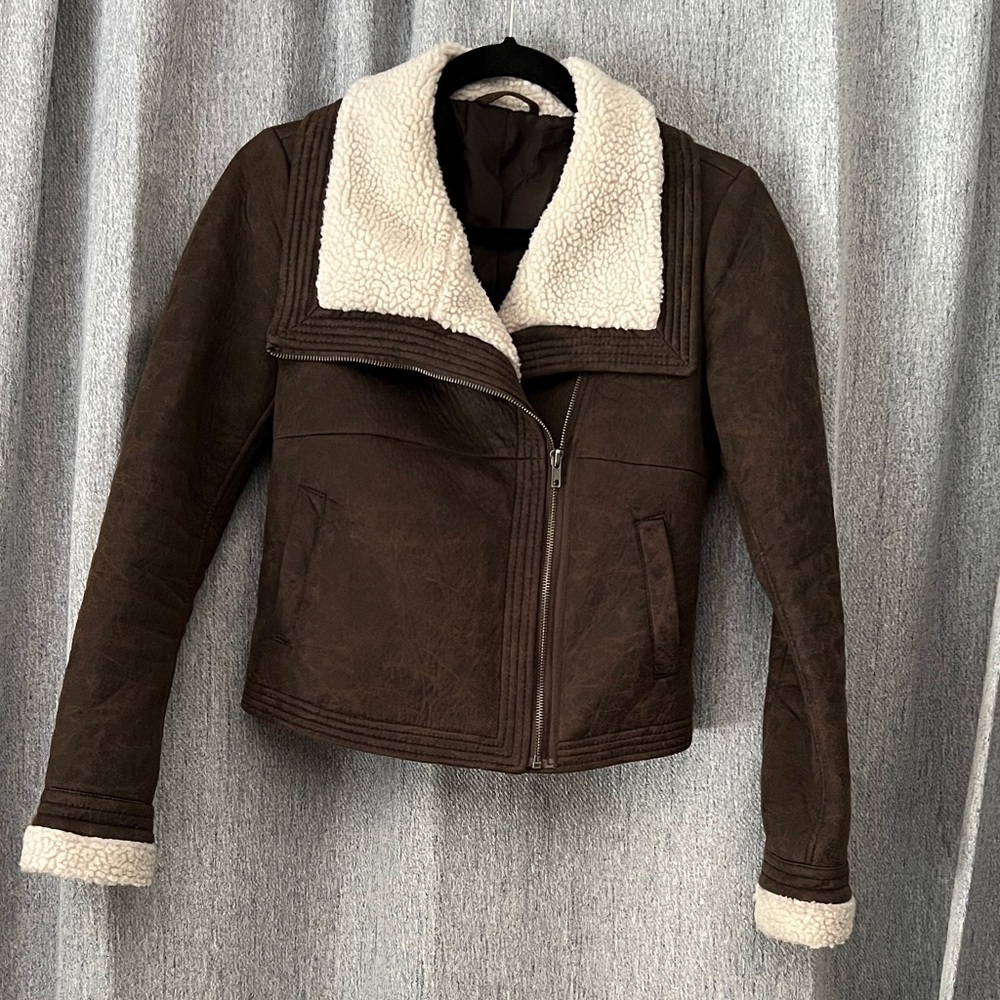 Cozy Brown Faux Leather Jacket with Shearling Collar